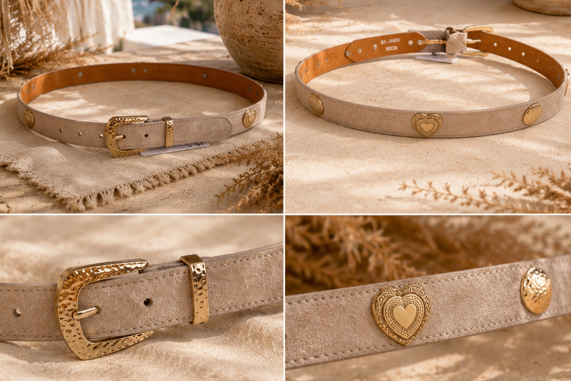 Beige Suède Riem met Gouden Hartdetails – 90 cm