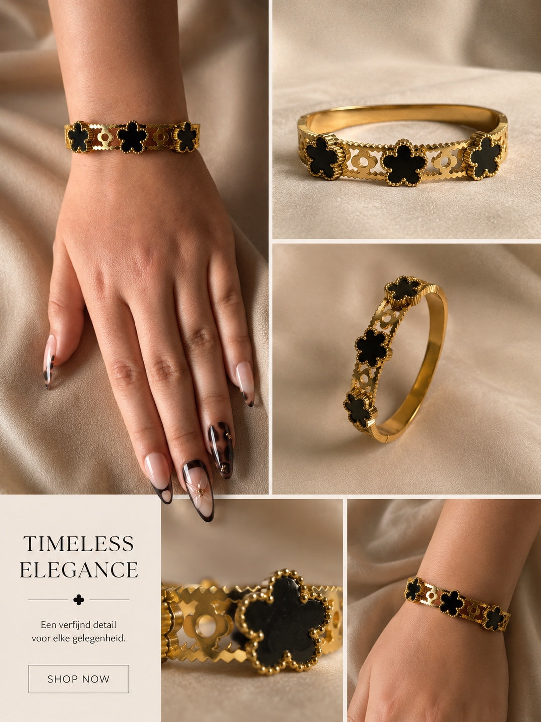 Gouden Stainless Steel Armband met Zwarte Klaver