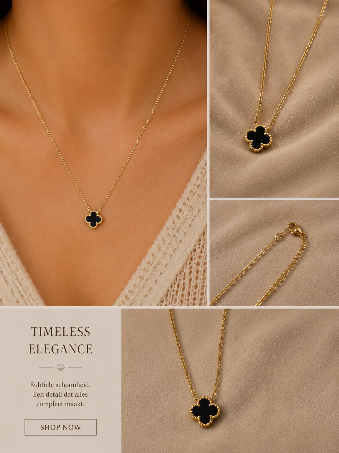 Gouden Stainless Steel Ketting met Zwarte Klaver