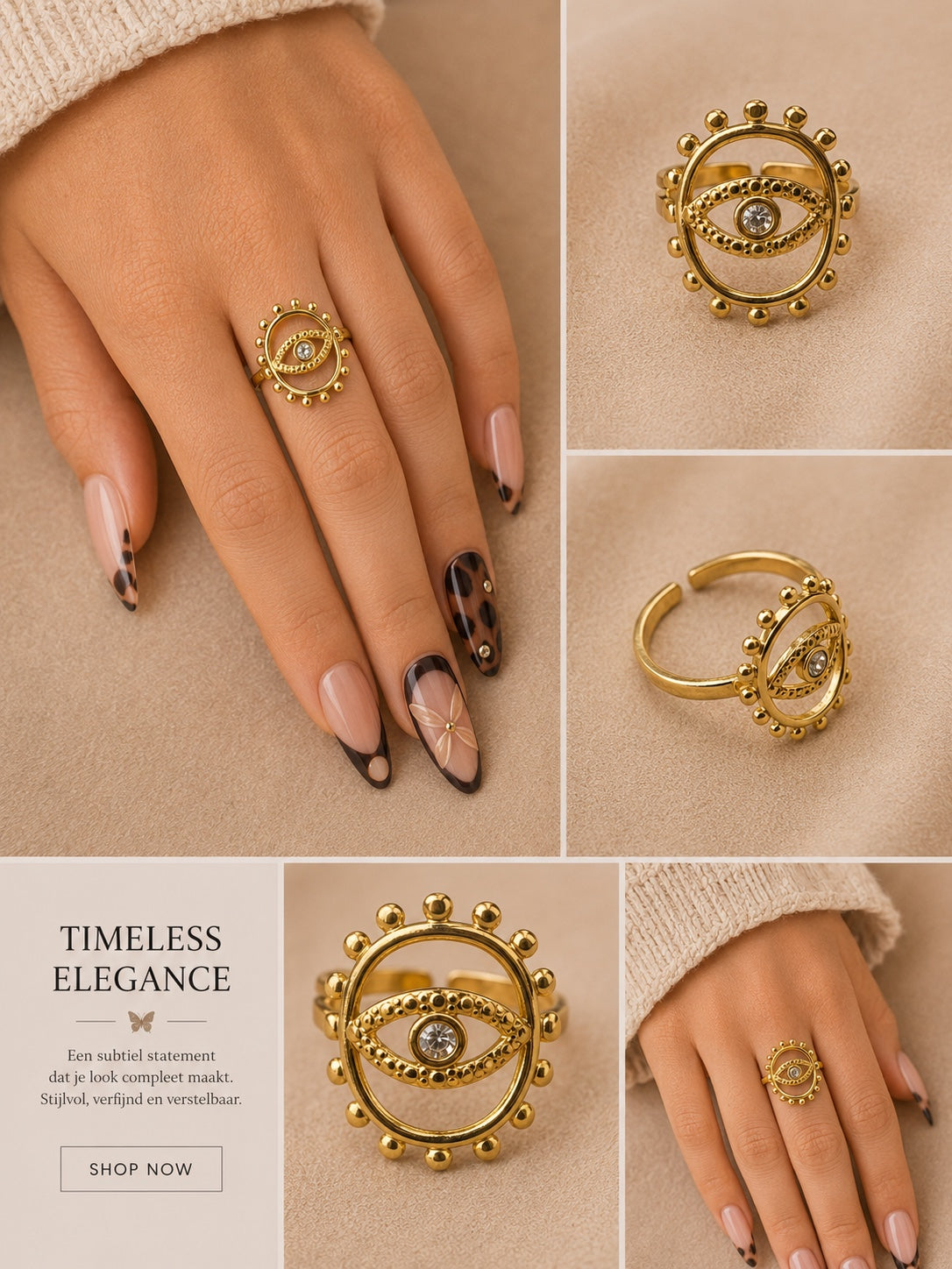 Gouden Stainless Steel Verstelbare Ring met Oogdesign