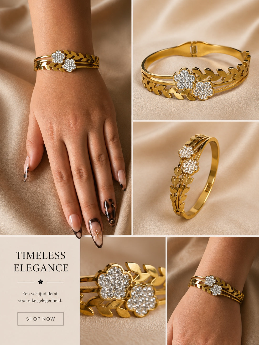 Gouden Stainless Steel Armband met Bloemen & Zirkonia