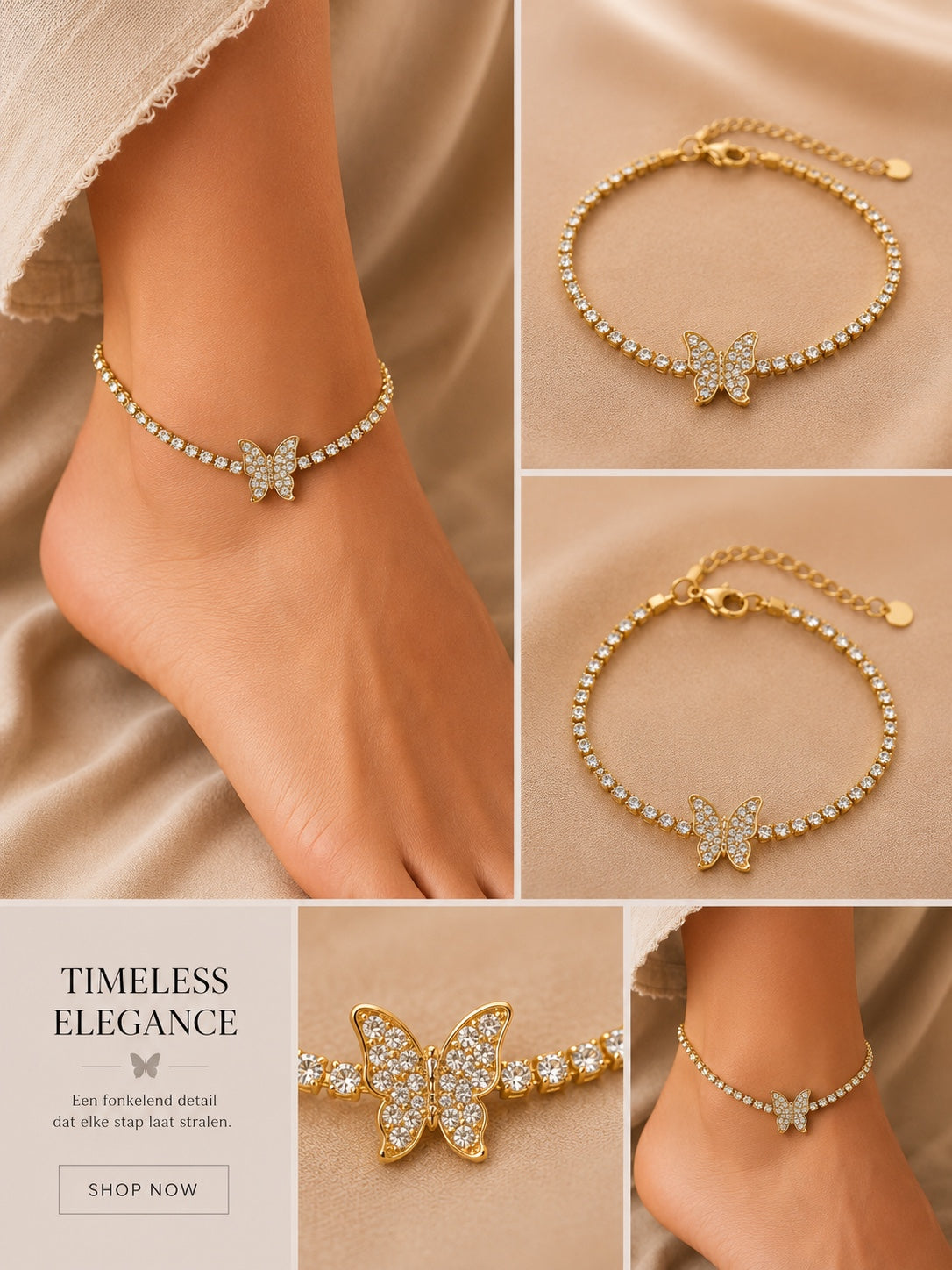 Gouden Stainless Steel Enkelbandje met Vlinder & Zirkonia