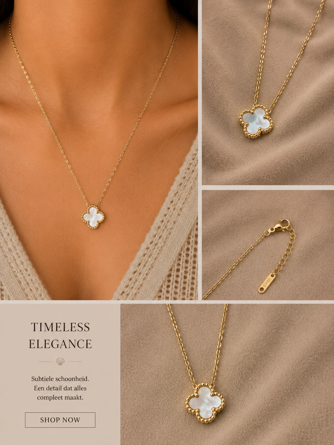 Gouden Stainless Steel Ketting met Witte Klaver