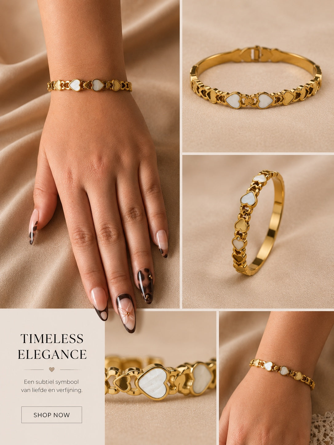 Gouden Stainless Steel Armband met Witte Hartjes