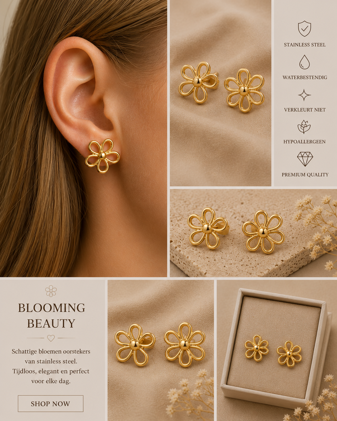 Bloem Oorstekers Goud | Stainless Steel