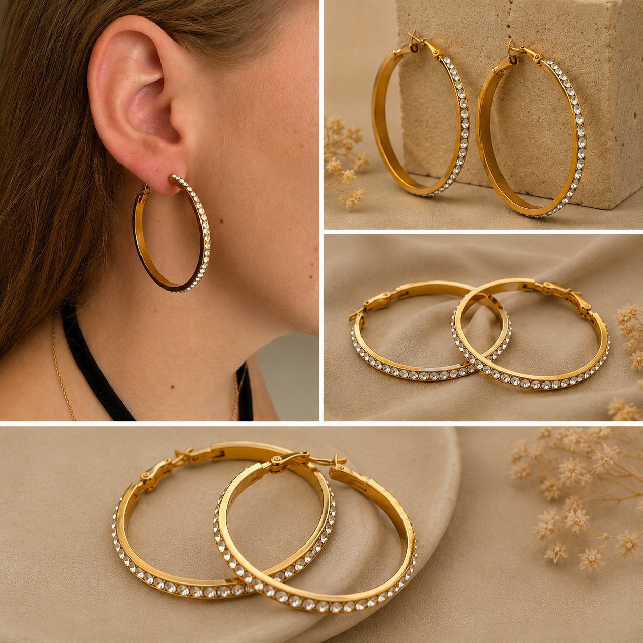 Stainless Steel Ronde Loop Oorbellen met Strass – Goud
