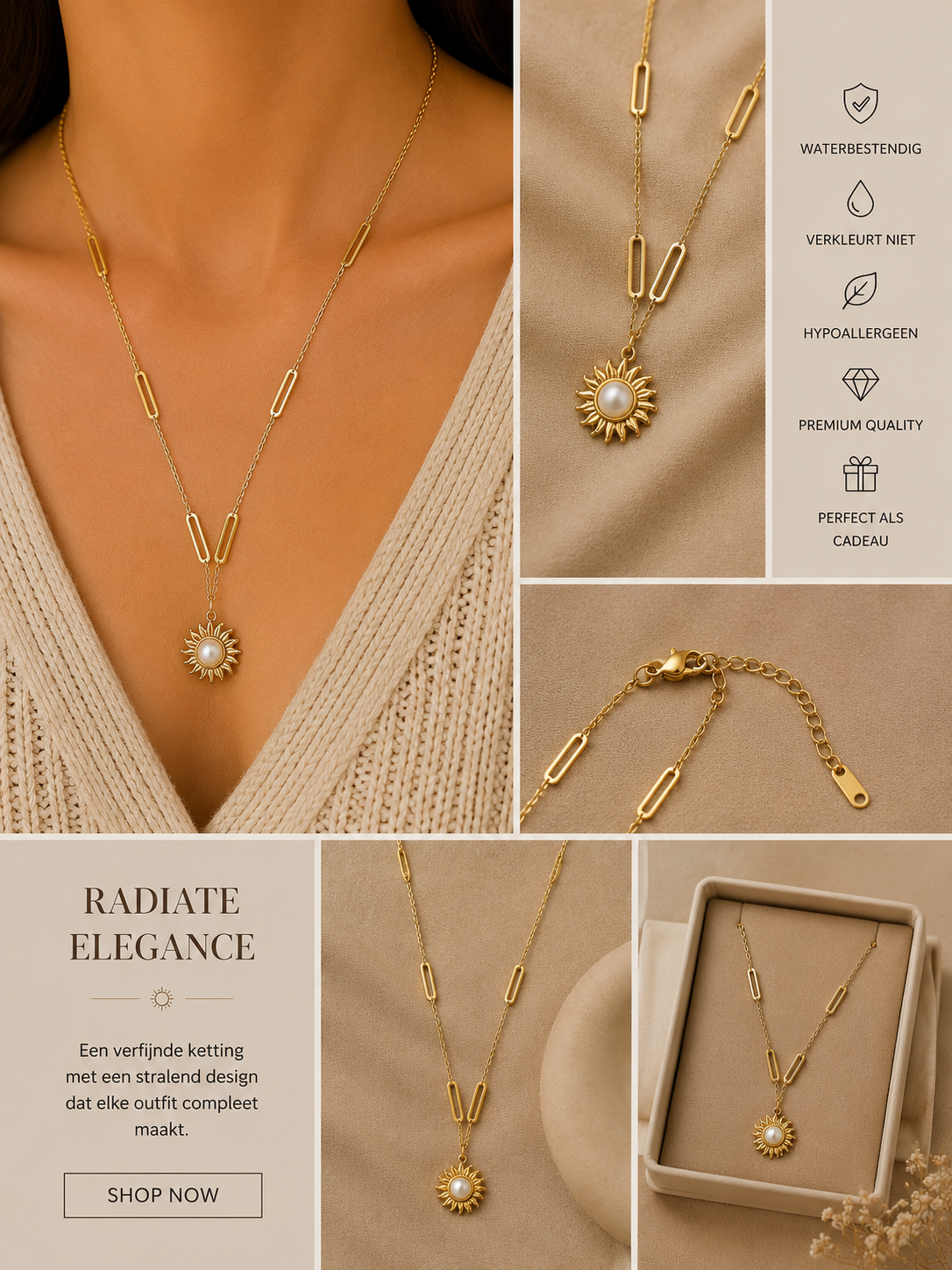 Gouden Zon Ketting met Parel – Stainless Steel